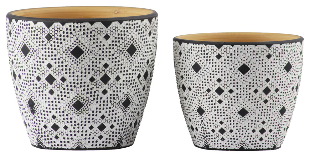 Dotted Pattern Design Body Ceramic Round Pots, Matte White, 2-Piece Set