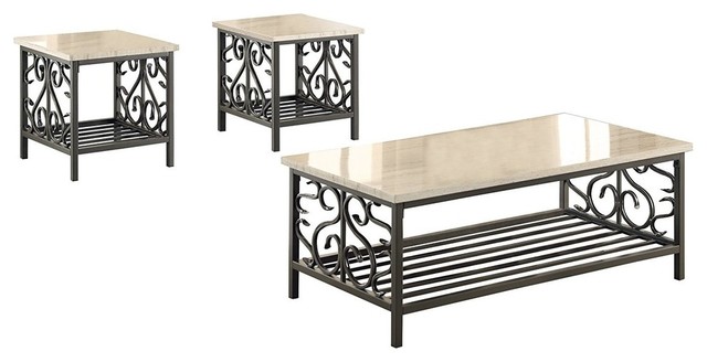 Modern 3 Piece Occasional Table Set With Metal Frame And Faux Marble Top Cream Modern 3 Piece Occasional Table Set With Metal Frame And Faux Marble Top Cream