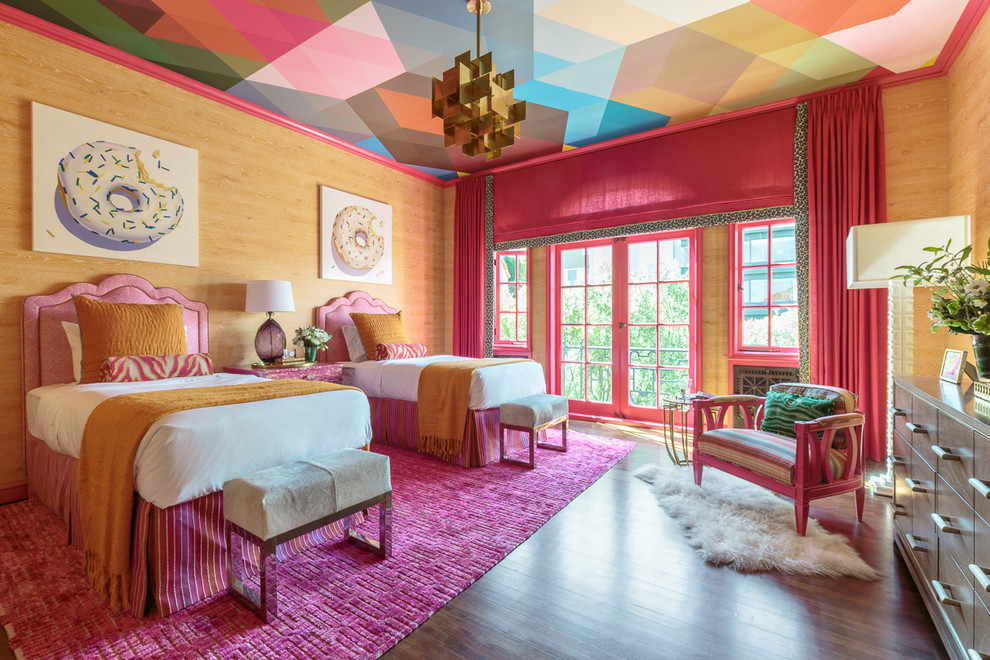 This is an example of a large transitional guest bedroom in San Francisco with multi-coloured walls, dark hardwood floors and no fireplace.