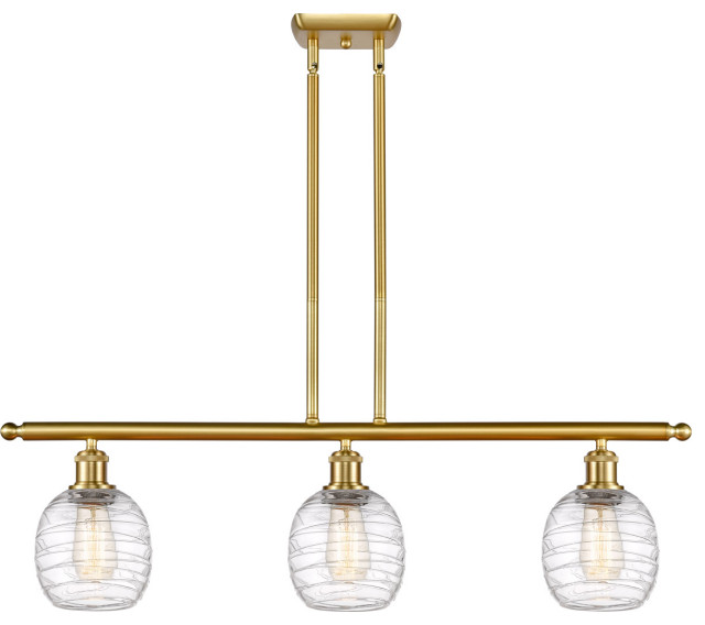 Ballston Belfast 3 Light Island Light, Satin Gold, Deco Swirl Glass