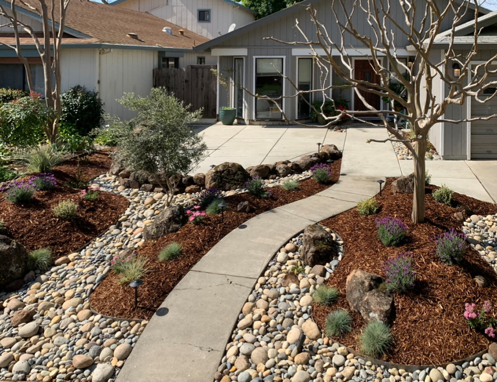 Design ideas for a mid-sized mediterranean front yard full sun xeriscape for spring in San Francisco with a retaining wall and concrete pavers.