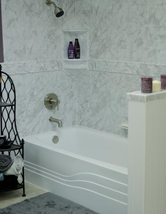 Design ideas for a mid-sized traditional master bathroom in Philadelphia with glass-front cabinets, dark wood cabinets, a corner tub, a shower/bathtub combo, purple walls, ceramic floors and a vessel sink.