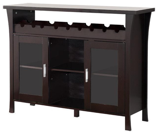 Espresso Wood Wine Rack Console Table With Glass Storage Doors