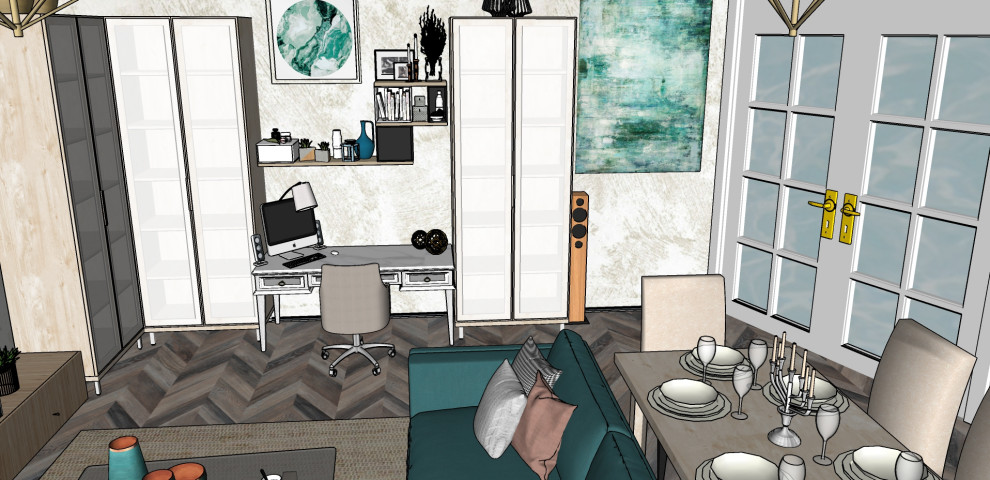 Гостиная-столовая с бирюзовым акцентом