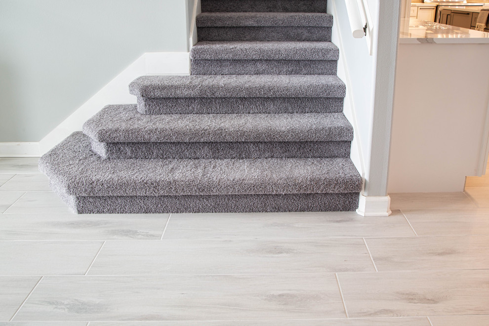 Carpeted Stairway Transition to Wood Look Tile Modern Staircase