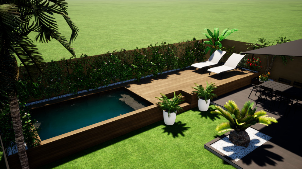 Imagen de piscina elevada minimalista pequeña rectangular en patio trasero con paisajismo de piscina y entablado