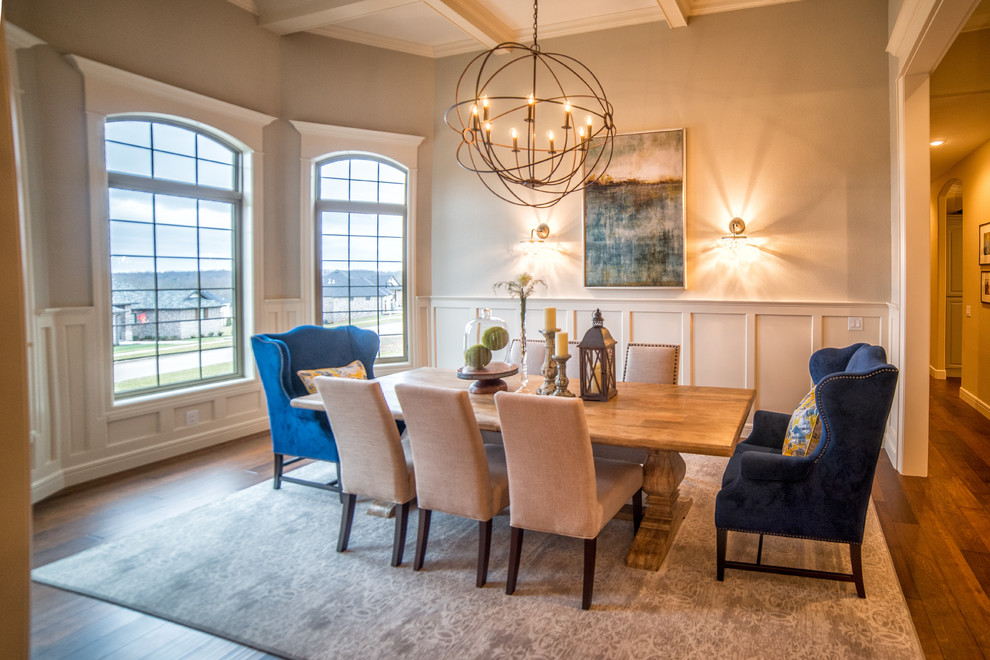 Dining room - large transitional dark wood floor dining room idea with beige walls and no fireplace