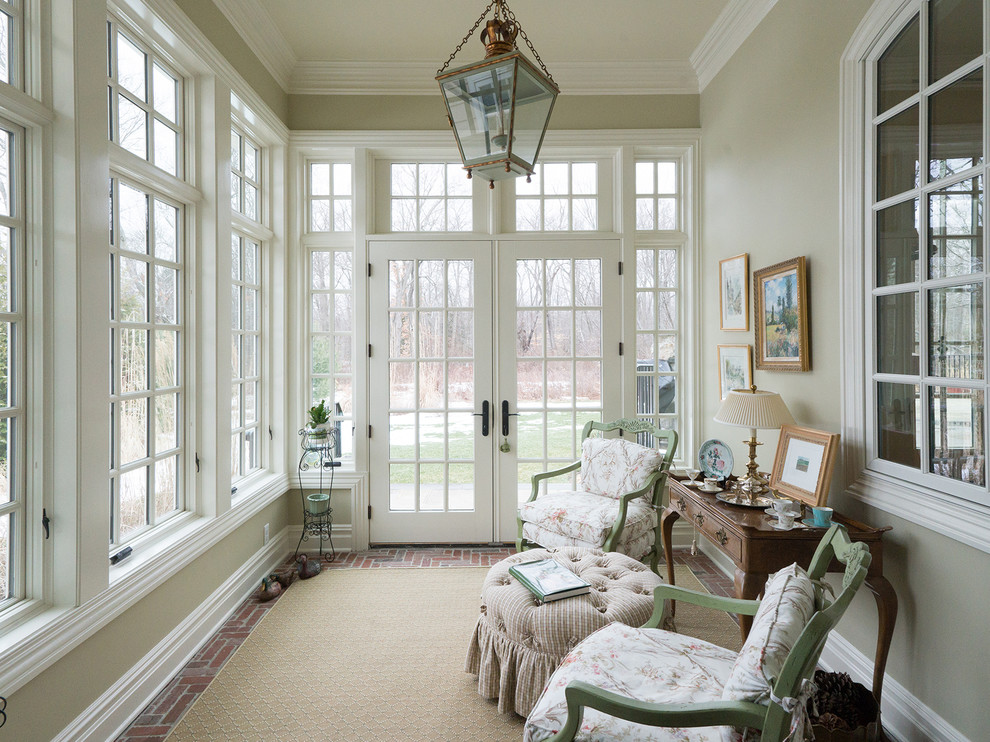 Inspiration for a small traditional sunroom in New York with brick floors, no fireplace and a standard ceiling.