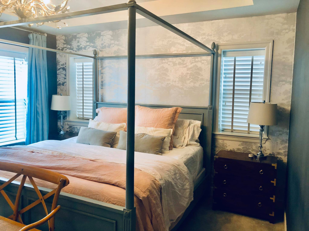This is an example of a medium sized bohemian bedroom in Denver with grey walls, carpet, a drop ceiling and wallpapered walls.