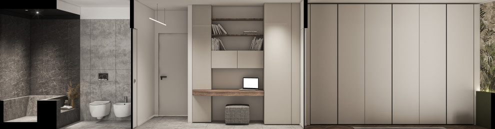 Foto de despacho actual pequeño con paredes blancas, suelo de baldosas de porcelana, escritorio empotrado y suelo gris