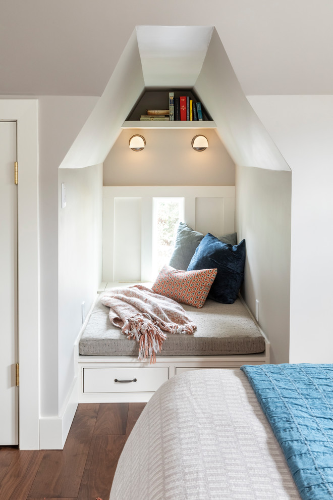Inspiration for a small transitional open concept dark wood floor living room library remodel in Seattle with gray walls