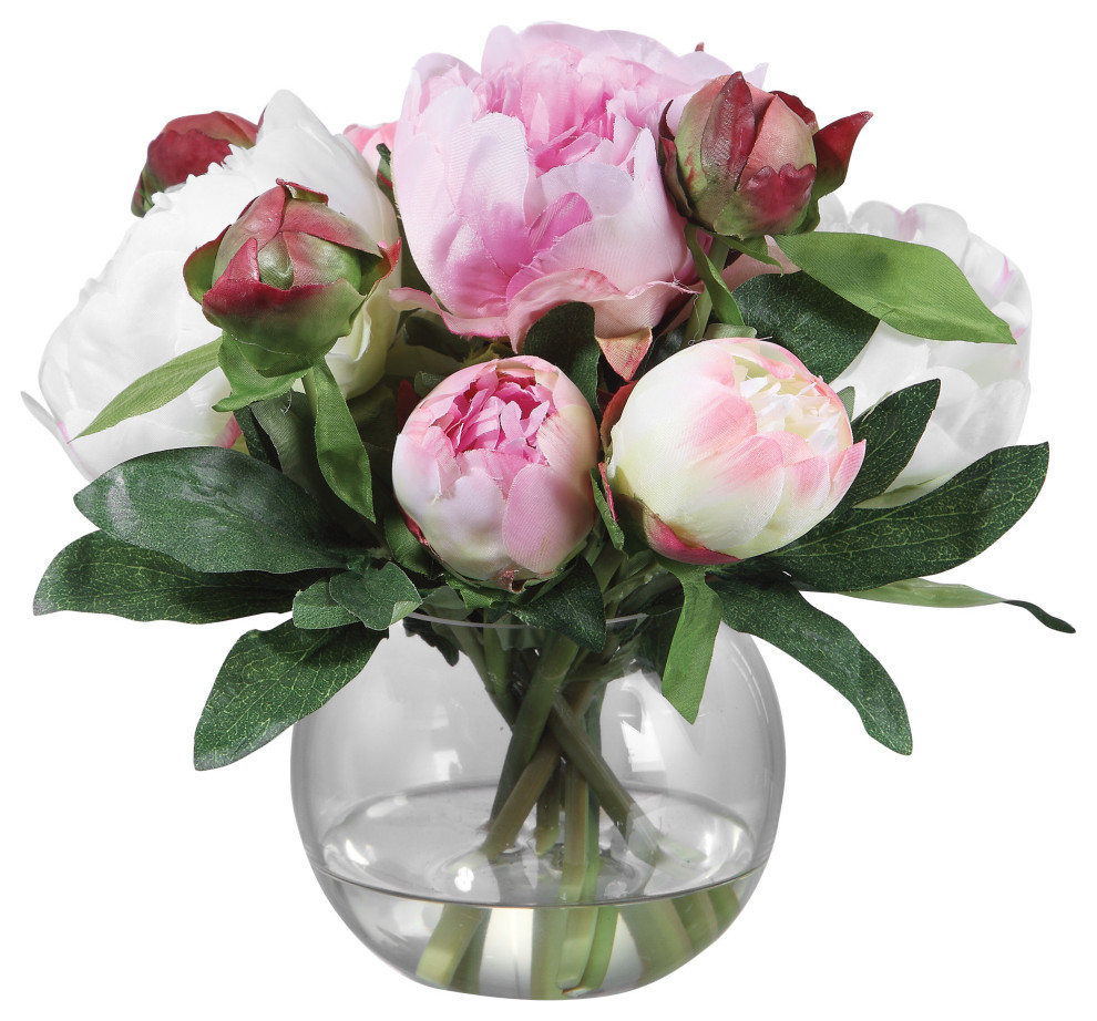 Luxe Large Pink White Peony Flower Bouquet Faux Floral Glass Vase