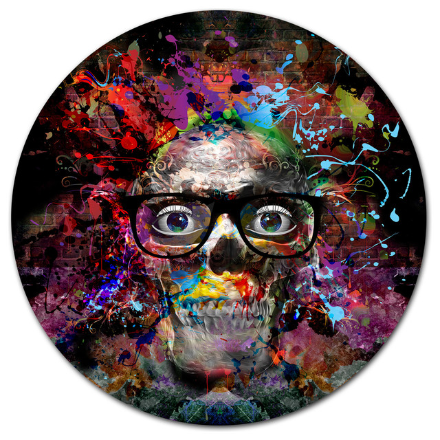 Colorful Human Skull With Glasses, Abstract Disc Metal Artwork, 11"