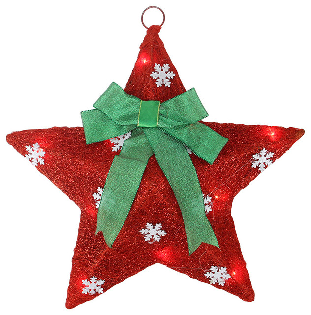 Sisal Hanging Christmas Star Window Decoration With Bow, Cream and Red, 17", 17" Contemporary