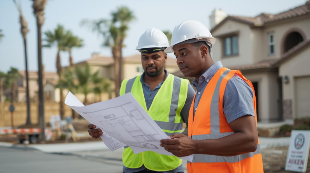 A project manager or contractor (in a safety vest or hard hat) reviewing blueprints or plans in front of a local residential neighborhood or small construction site.