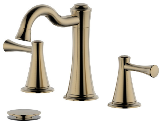 Konya Double Handle Gold Widespread Faucet, Drain Assembly Without Overflow