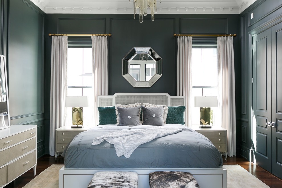 Inspiration for a transitional master bedroom in Louisville with green walls, dark hardwood floors and no fireplace.