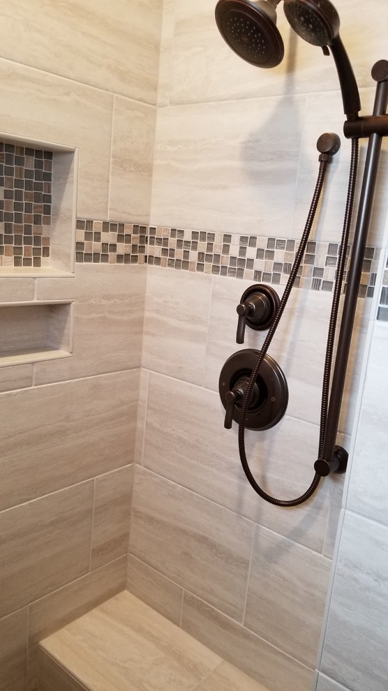 Mid-sized transitional master bathroom in Omaha with an alcove tub, an open shower, beige tile, beige walls, ceramic floors, an undermount sink, granite benchtops, grey floor, a shower curtain and brown benchtops.