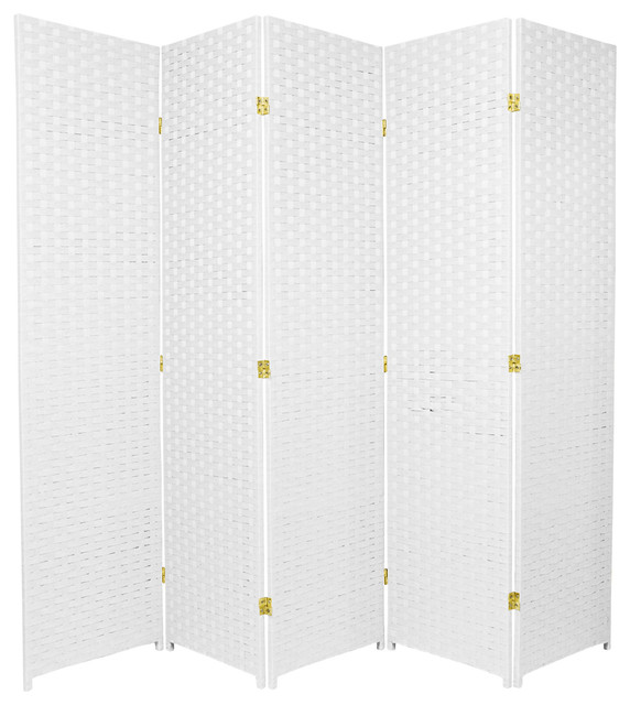 6' Tall Woven Fiber Room Divider, 5 Panel, White