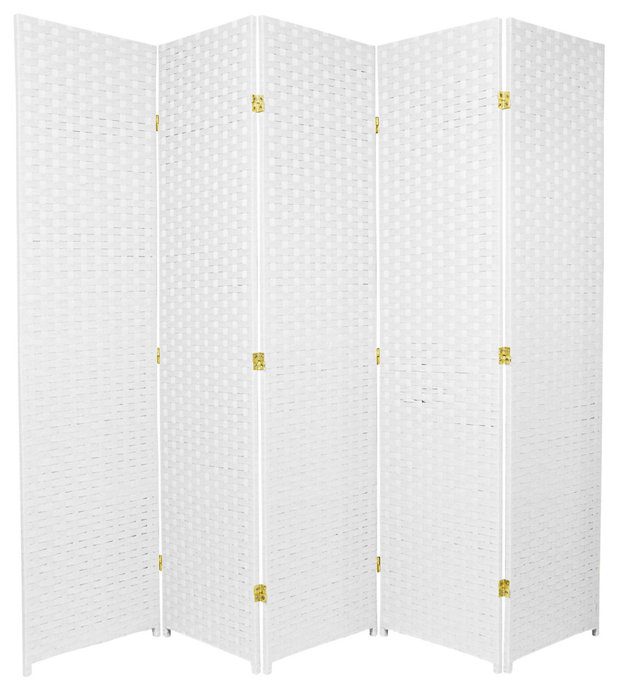 6' Tall Woven Fiber Room Divider, 5 Panel, White