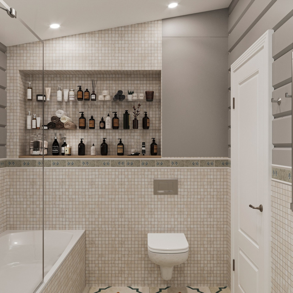 Réalisation d'une petite salle de bain principale tradition avec des carreaux de céramique, meuble simple vasque et meuble-lavabo suspendu.
