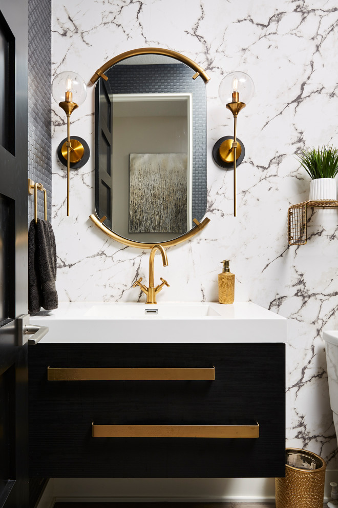 This is an example of a small contemporary powder room in Minneapolis with flat-panel cabinets, black cabinets, grey walls, engineered quartz benchtops, white benchtops, a floating vanity and wallpaper.