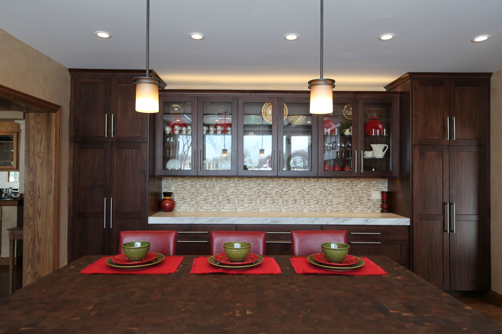 Kitchen - transitional medium tone wood floor kitchen idea in Chicago with an undermount sink, shaker cabinets, dark wood cabinets, wood countertops, multicolored backsplash, ceramic backsplash and stainless steel appliances