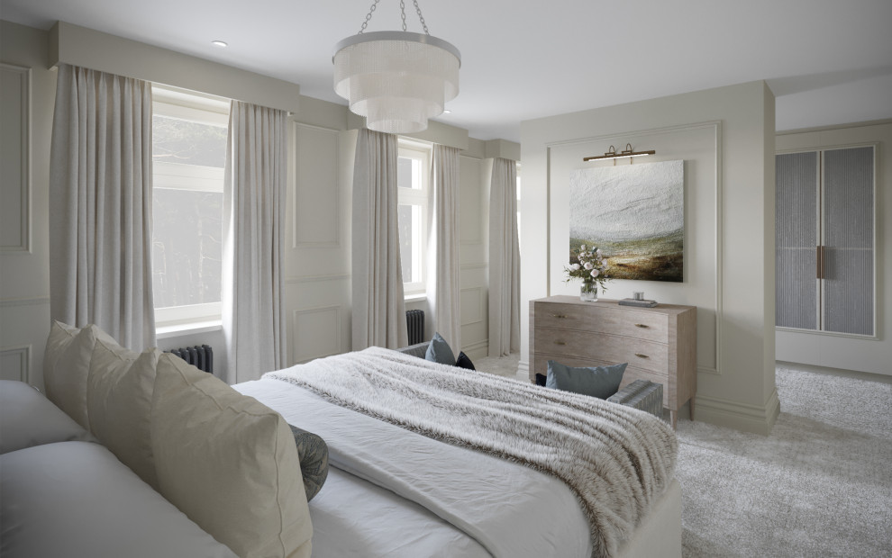Großes Modernes Hauptschlafzimmer mit beiger Wandfarbe, Teppichboden und grauem Boden in Sonstige