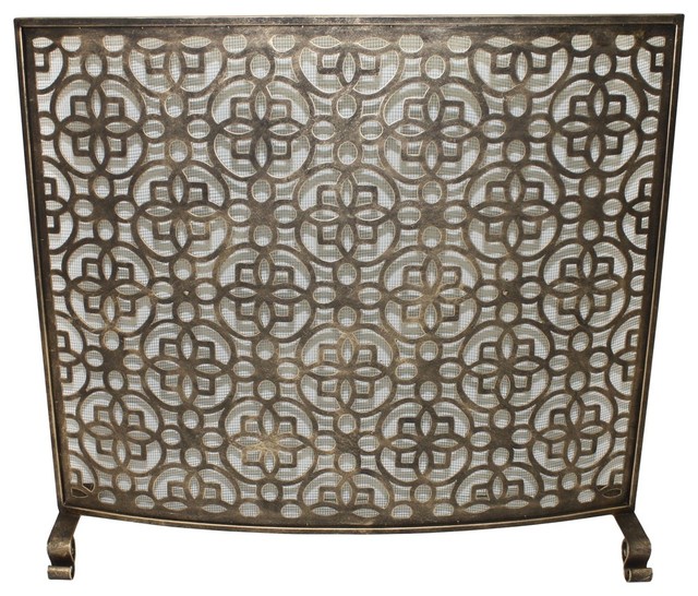 Fireplace Screen Light Burnished Gold, Curved Iron Fireplace Screen