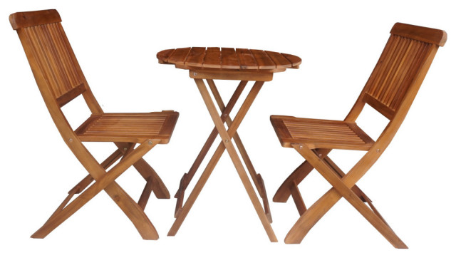 3 Piece Round Coffee Folding Table Patio Bistro Set Two Chairs, Solid Wood