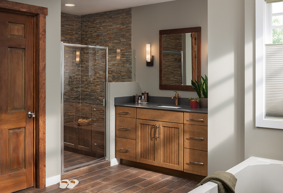 Elegant multicolored tile and matchstick tile alcove shower photo in DC Metro with an undermount sink, flat-panel cabinets and medium tone wood cabinets