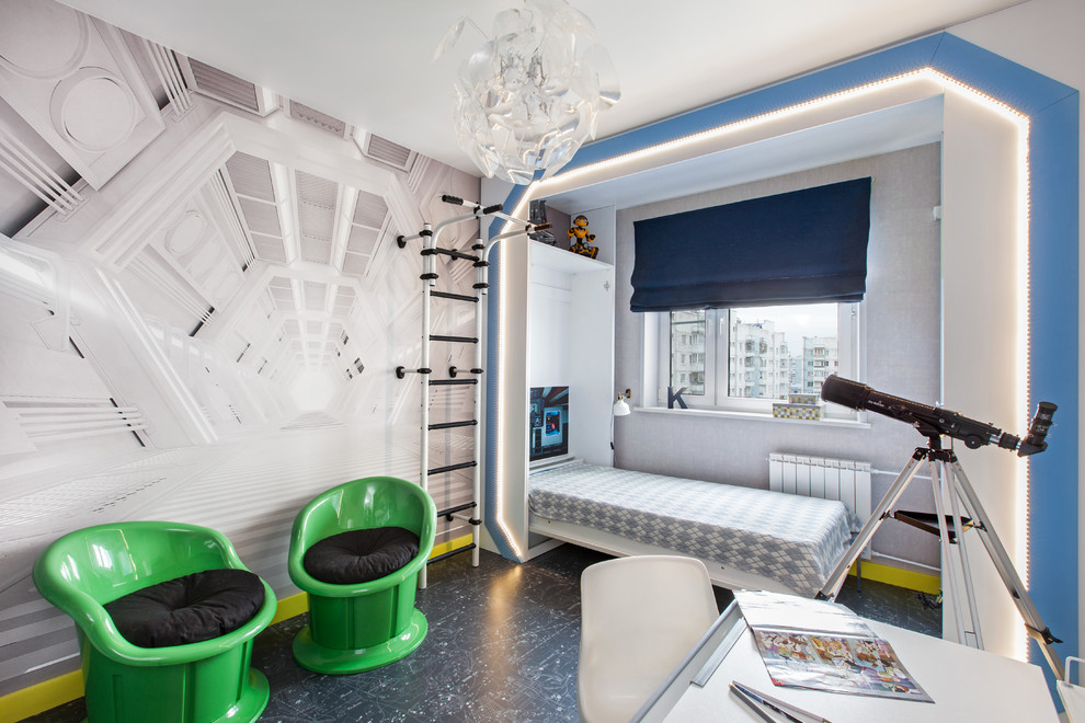 Photo of a mid-sized contemporary kids' bedroom for kids 4-10 years old and boys in Moscow with grey walls.