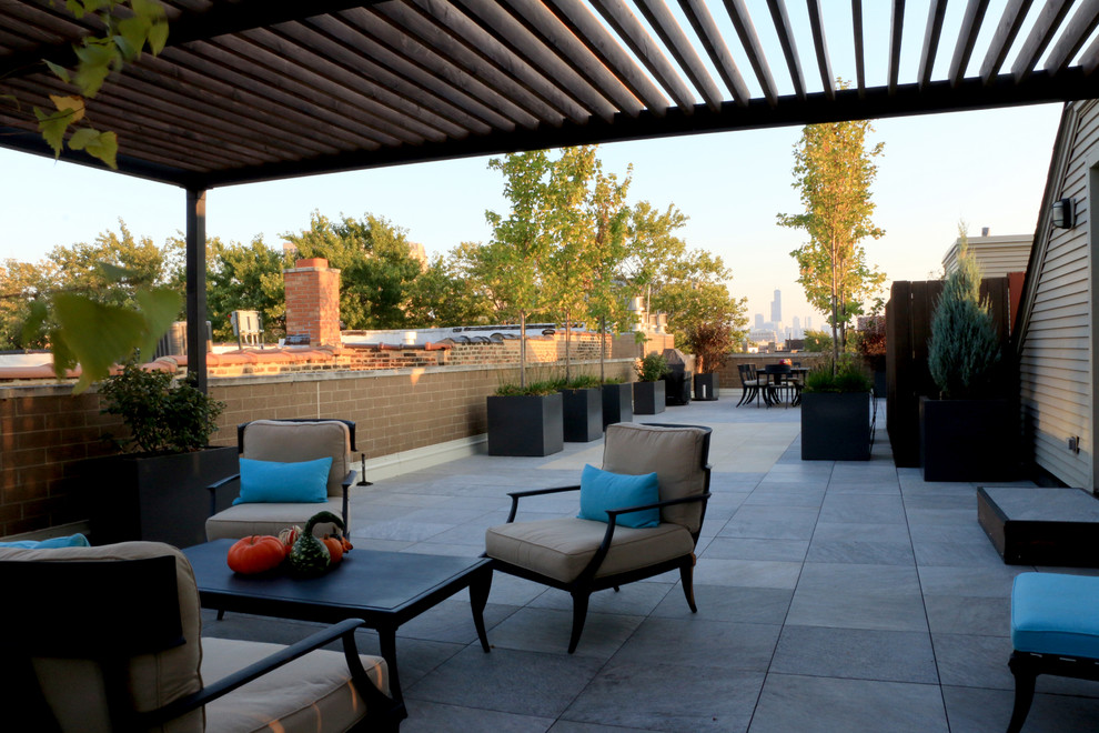 Photo of a large contemporary rooftop deck in Chicago with a container garden and a pergola.