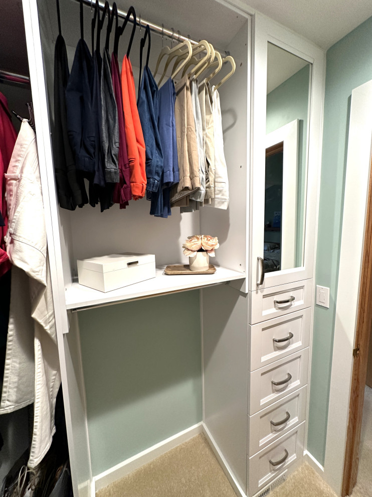 Cette image montre une armoire encastrée vintage de taille moyenne et neutre avec un placard à porte shaker, des portes de placard blanches, moquette et un sol beige.