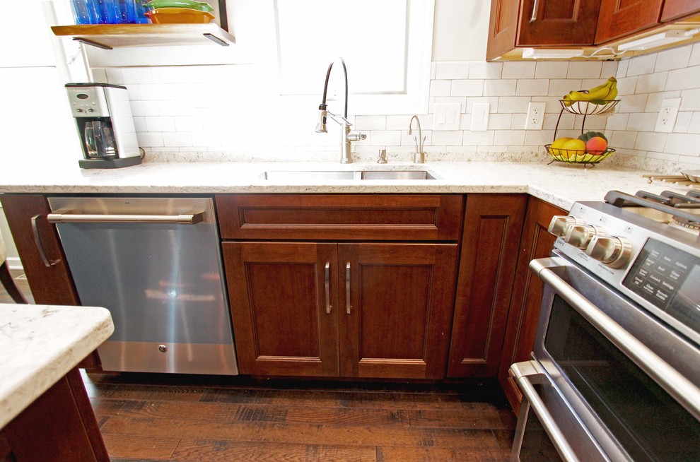 Minimalist Cherry Kitchen Cabinets With White Quartz Countertops for Small Space