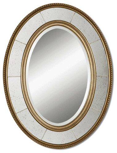 Antiqued Champagne Silver Leaf Oval Mirror With Light Gray Glaze