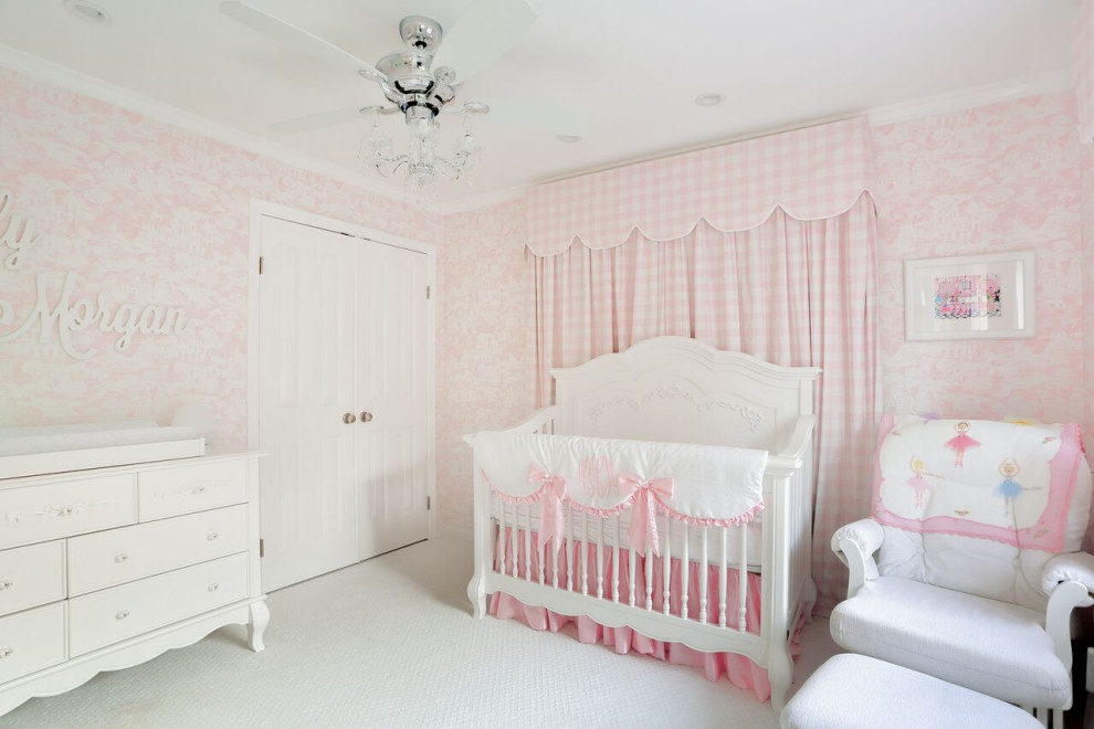 Inspiration for a transitional nursery in Dallas with pink walls, carpet and white floor.