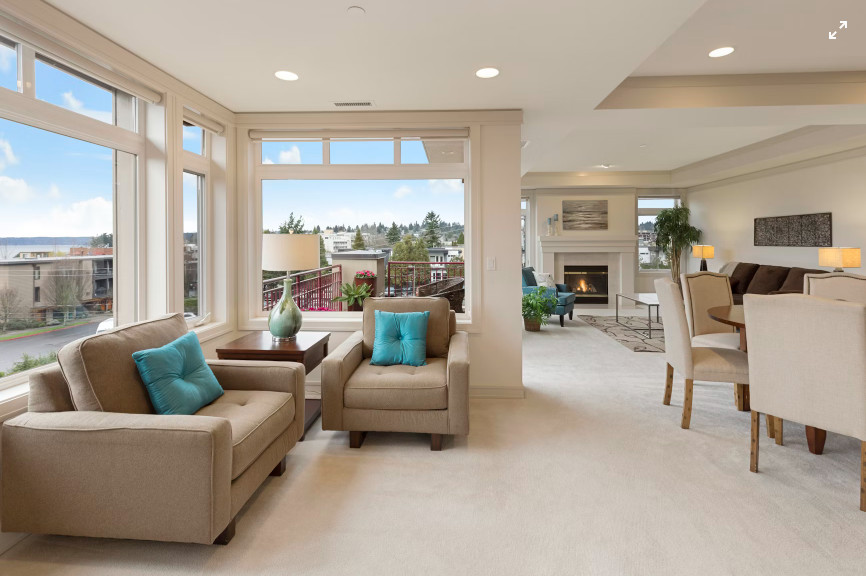 An organized dining and living area.