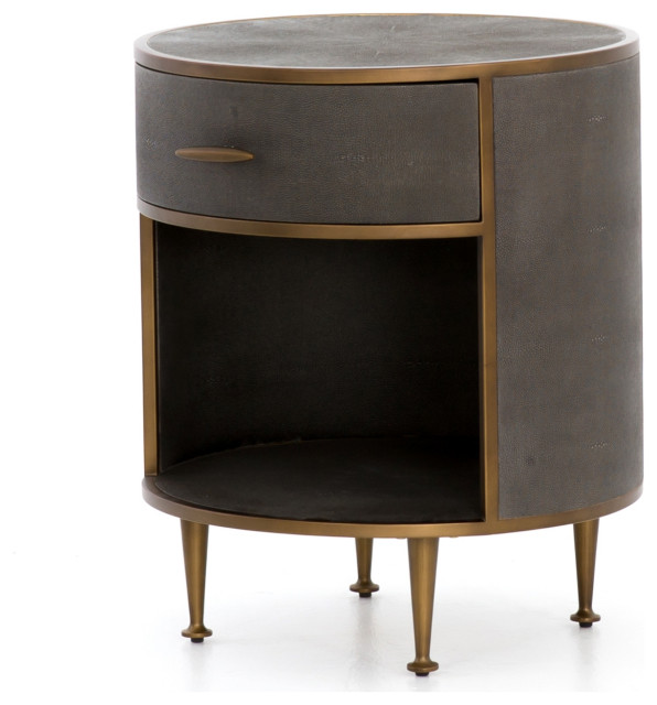 Shagreen Round Nightstand, Grey Shagreen Midcentury Nightstands And