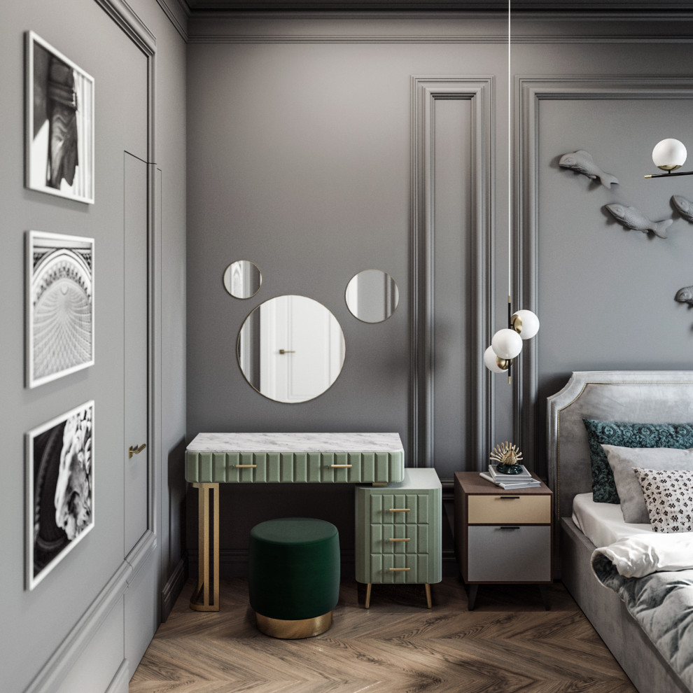 На фото: хозяйская спальня среднего размера в стиле модернизм с серыми стенами, паркетным полом среднего тона, бежевым полом и панелями на части стены с
