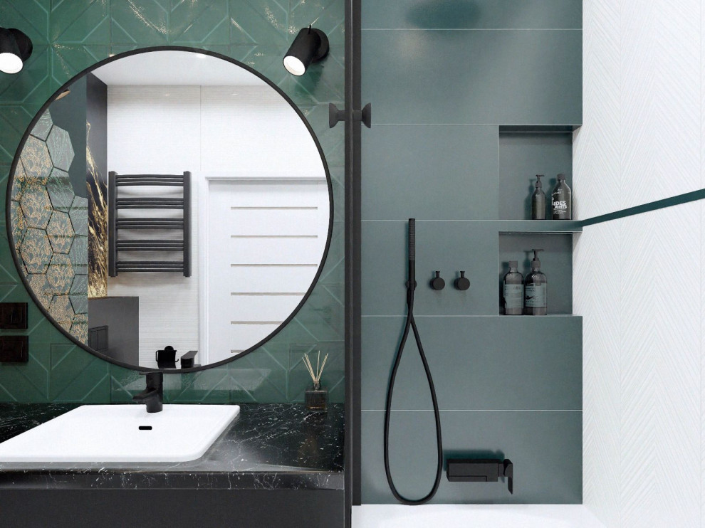 Стильный дизайн: ванная комната среднего размера в скандинавском стиле с стеклянными фасадами, черными фасадами, накладной ванной, душем над ванной, инсталляцией, зелеными стенами, полом из керамической плитки, душевой кабиной, накладной раковиной, белым полом, душем с раздвижными дверями, тумбой под одну раковину и встроенной тумбой - последний тренд