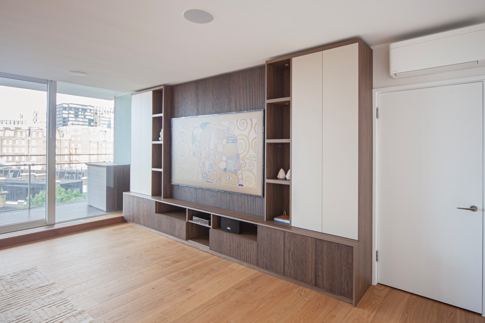 Bespoke Sleek Brown Media Unit with ribbed wood slat panels