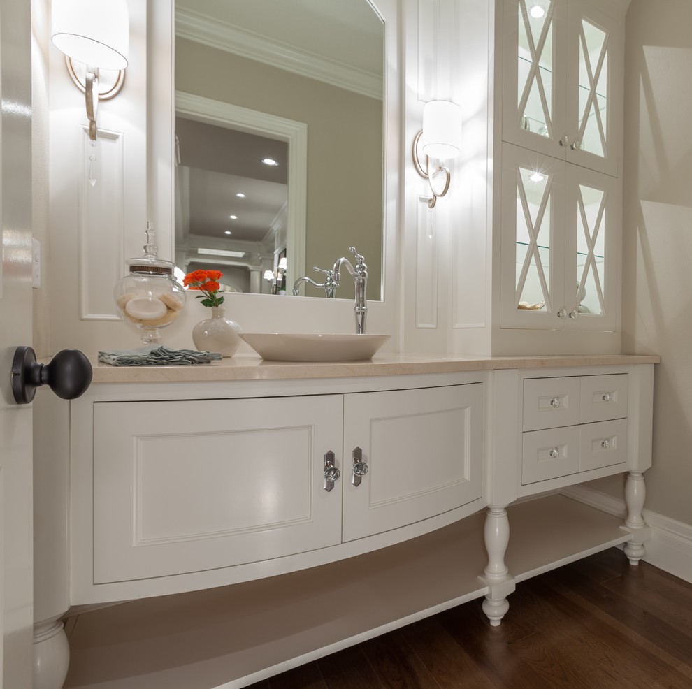 Inspiration for an expansive traditional master bathroom in Portland with recessed-panel cabinets, white cabinets, a drop-in tub, beige tile, mosaic tile, beige walls, porcelain floors, an undermount sink, marble benchtops and beige floor.