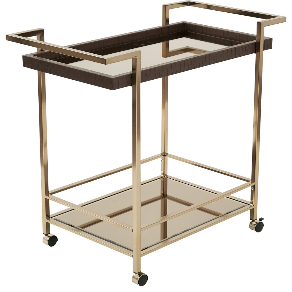 Isabella Wine Cart With Bronze Glass Top, Champagne Metal Frame, 36W x 19D x 32H Contemporary
