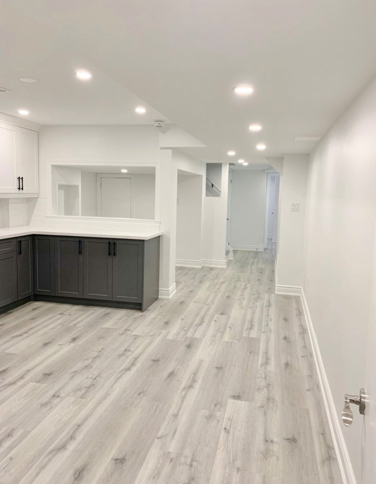 Basement - large modern look-out vinyl floor and gray floor basement idea in Philadelphia with white walls