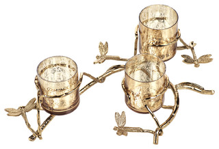 Zodax Three Tier Dragonfly Glass Votive Decorative Candle Holder Gold