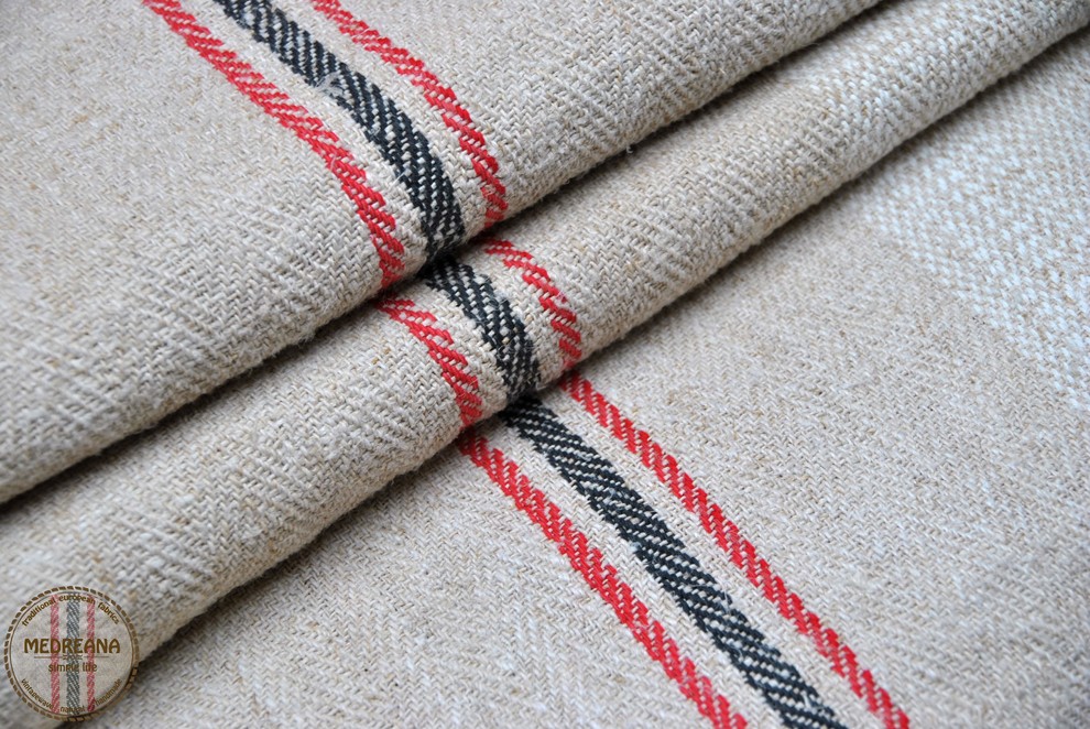 Vintage Grain Sack - red outer stripes and a blue