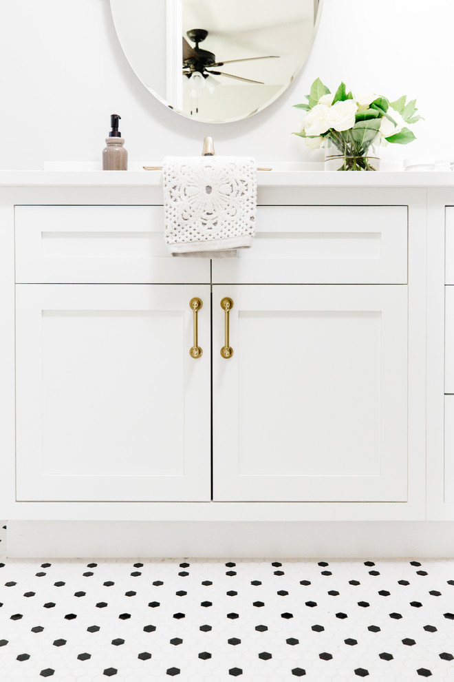 Inspiration for a transitional kids' white tile and subway tile mosaic tile floor and white floor alcove bathtub remodel in Phoenix with shaker cabinets, white cabinets, white walls, an undermount sink and quartz countertops