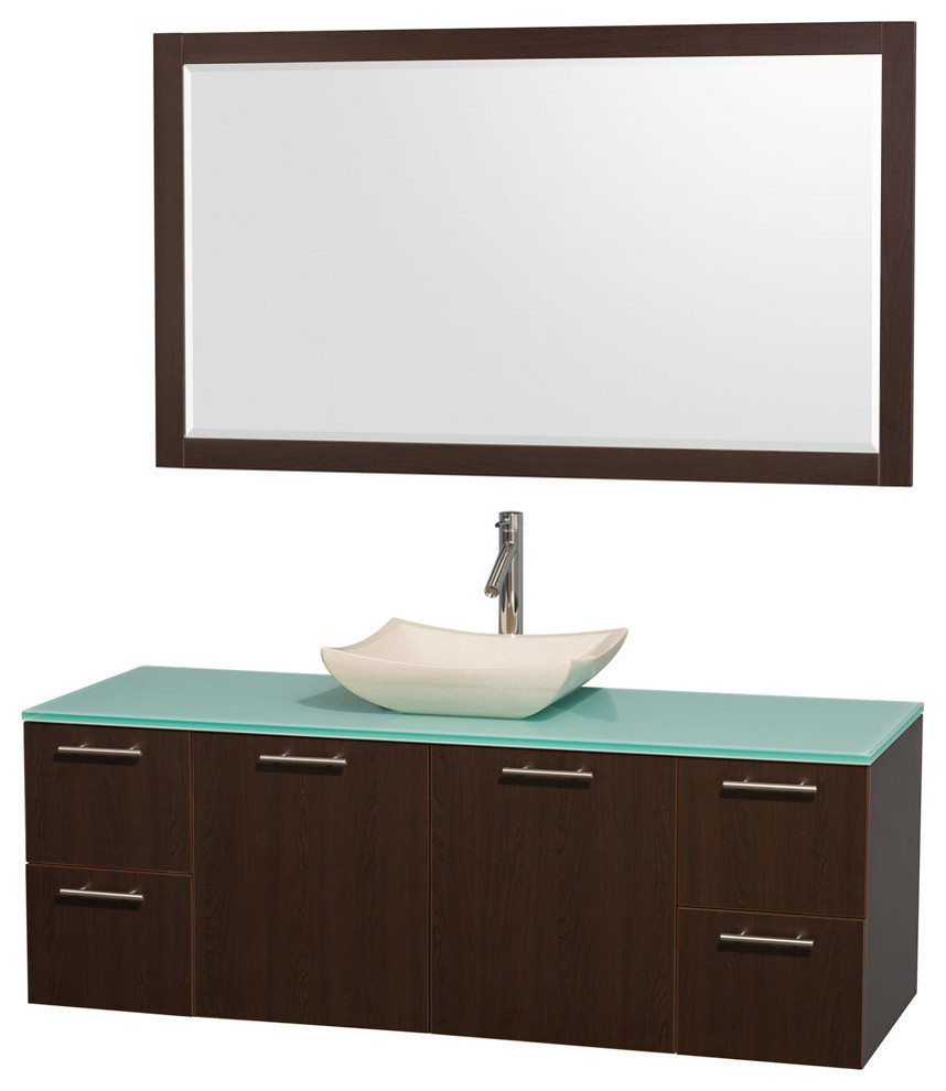Amare 60" Bathroom Espresso Vanity, Avalon Ivory Marble Sink, 58" Mirror
