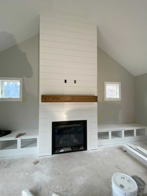 custom mantels, floating shelves and faux beams - Living Room ...